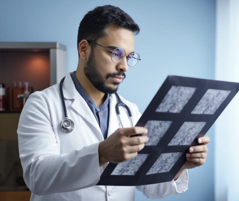 Dr. Pedro Cavalier analisando exames de imagem