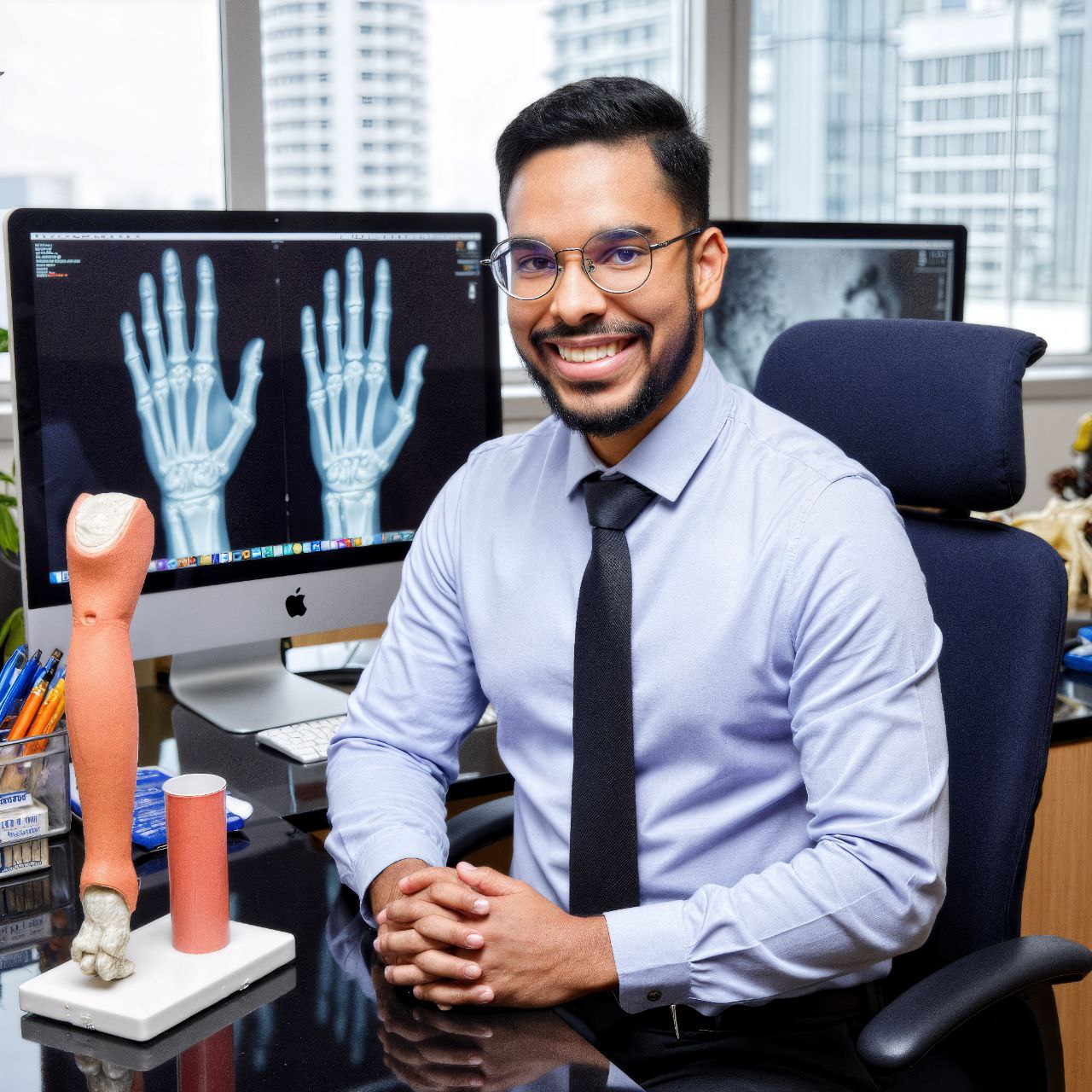 Dr. Pedro Cavalier em seu consultório, ao lado de modelos anatômicos e exames