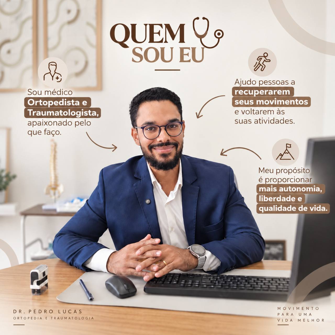Quem sou eu: Dr. Pedro Lucas, ortopedista e traumatologista. Cuidado voltado à recuperação dos movimentos, autonomia e qualidade de vida.